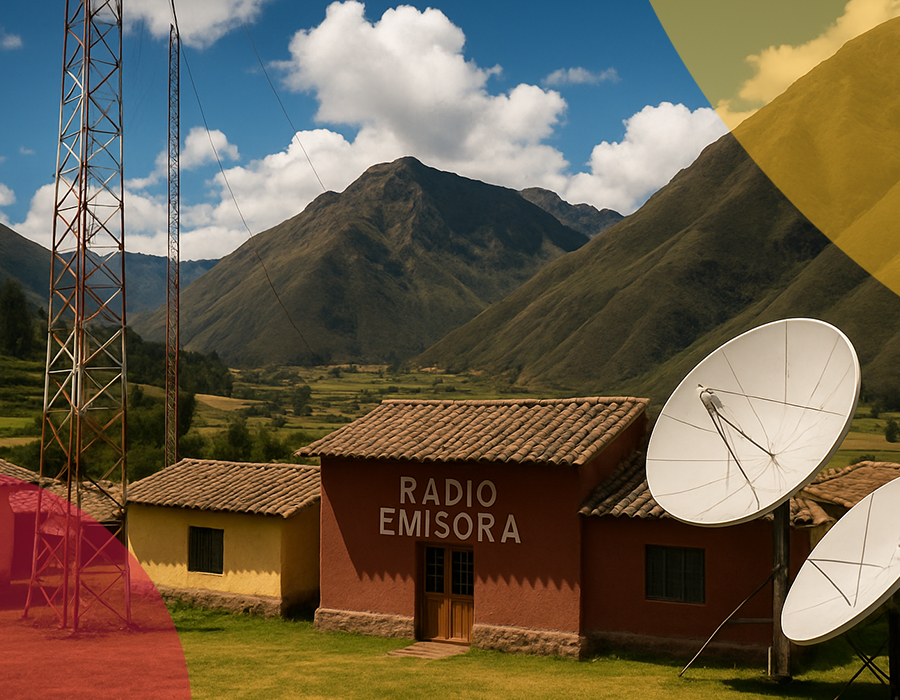 Photo of a Peruvian radio station set-up, including a microphone and broadcasting equipment